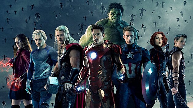 Elizabeth Olsenov�, Aaron Taylor-Johnson, Chris Hemsworth, Robert Downey Jr., Chris Evans, Scarlett Johanssonov� a Jeremy Renner ve filmu Avengers: Age of Ultron (2015)