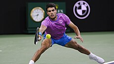 �pan�l Carlos Alcaraz se natahuje po balonku b�hem semifinále turnaje v Indian...
