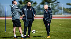 Hlavní trenér Ivan Haek (vpravo) a jeho asistenti Jaroslav Veselý s Jaroslavem...