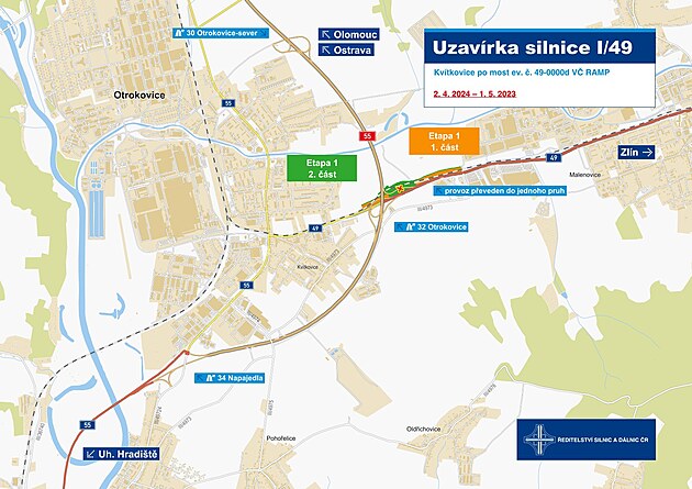 Mapa uzavírky silnice I/49 u Otrokovic. (bezen 2024)