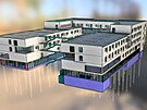Nov� pavilon geriatrie v jihlavsk� nemocnici dle vizualizace. Parkovac� d�m na...