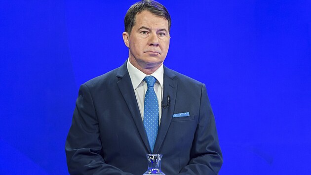Debata slovenskch prezidentskch kandidt v televizi RTVS. Na snmku je historik Patrik Dubovsk. (20. bezna 2024)