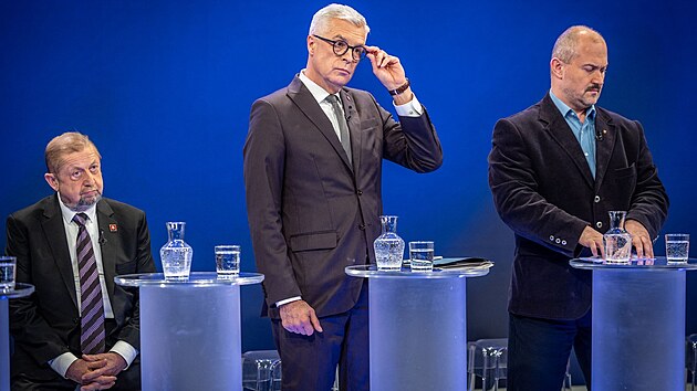 Debata slovenskch prezidentskch kandidt v televizi RTVS. Na snmku jsou zleva tefan Harabin, Ivan Korok a Marian Kotleba. (20. bezna 2024)