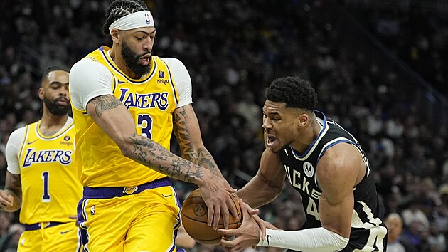 Anthony Davis (vlevo) z Los Angeles Lakers se petahuje o mí s Janisem...