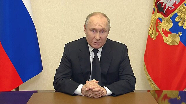 Rusk prezident Vladimir Putin pi mimodnm projevu o teroristickm toku. (23. bezna 2024)