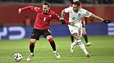 Momentka z baráového utkání o Euro 2024 v Nmecku mezi Gruzií a eckem.