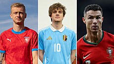 Nové fotbalové dresy zleva esko, Belgie a Portugalsko