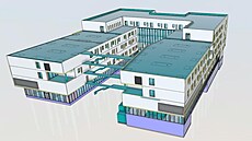 Nový pavilon geriatrie v jihlavské nemocnici dle vizualizace. Parkovací dm na...