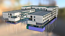 Nový pavilon geriatrie v jihlavské nemocnici dle vizualizace. Parkovací d�m na...