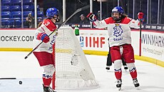 �eské hokejistky Adéla �apovalivová a Natálie Mlýnková (vpravo) slaví vst�elený...