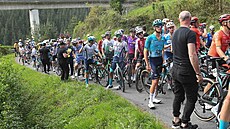 Zastavený peloton po tkém hromadném pádu ve 4. etap závodu Kolem Baskicka.