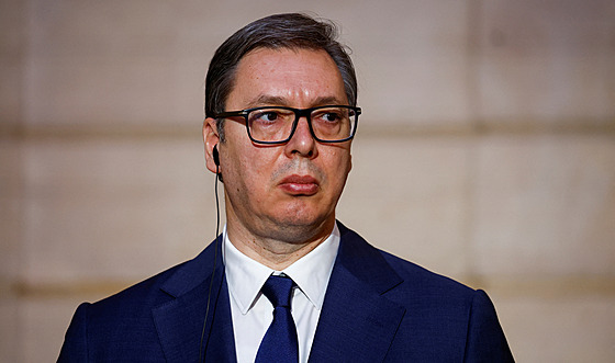 Srbský prezident Aleksandar Vu�i� v Elysejském paláci (8. dubna 2024)