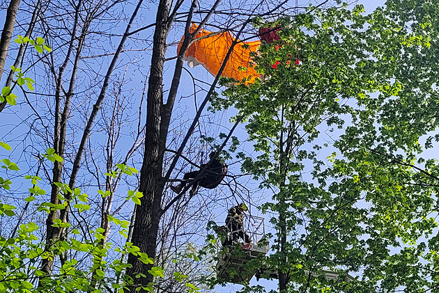 Paraglidista uvázl v koruně stromu patnáct metrů nad zemí, sundali ho hasiči