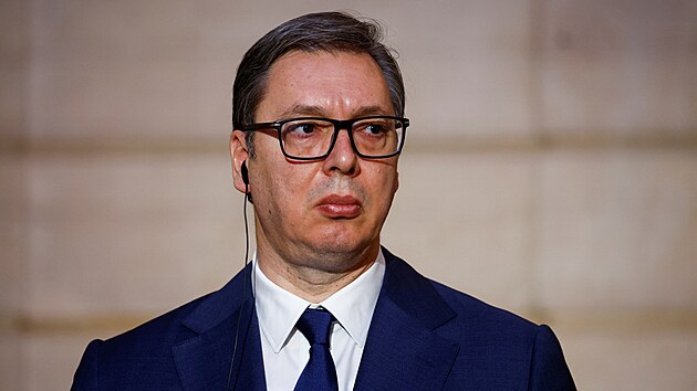Srbsk prezident Aleksandar Vui v Elysejskm palci (8. dubna 2024)
