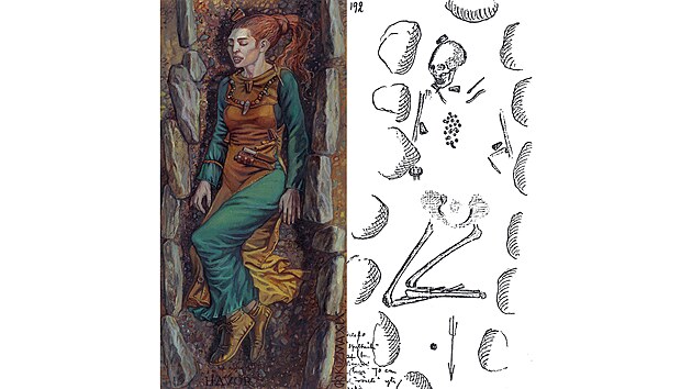 Vlevo kresba, kter si doml podobu pochovan eny, vpravo nrt jejho hrobu.