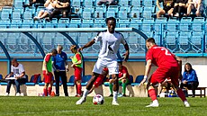 Santiago Eneme z MFK Vy�kov kli�kuje p�ed Tomá�em Koukolou v zápase proti...