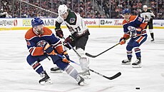 Jan Jeník (uprosted) z Arizony a Mattias Ekholm z Edmontonu bojují o puk.