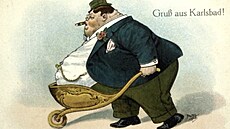 L�ze�sk� humor z obdob� nejv�t��ho rozkv�tu Karlov�ch Var�. Nov� vyn�lez, kole�ko na vozen� b�icha.