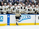 Útoník Boston Bruins David Pastrák (slaví gól proti Toronto Maple Leafs.