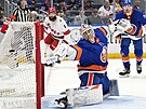 Branká Semjon Varlamov z New Yorku Islanders zasahuje v utkání proti Carolin.