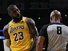 LeBron James (23) z Los Angeles Lakers se pe s rozhodím.