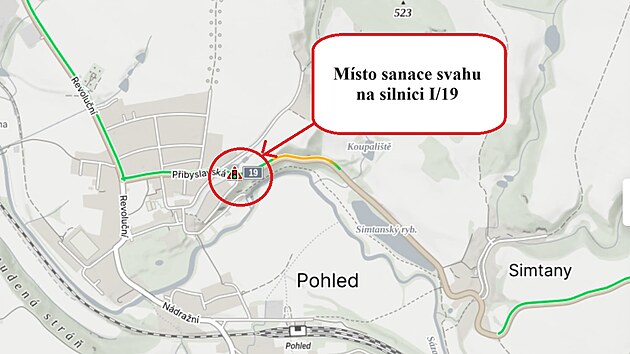 Uzavrka silnice I/19 u Pohledu na map, jak ji zveejnilo SD.