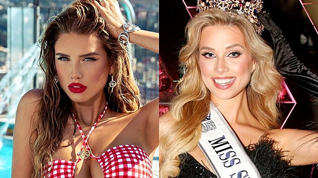 Miss Czech Republic 2023 Justna Zednkov. Vlevo focen pro znaku Guess, vpravo pak s novou korunkou urenou na svtovou sout Miss Supranational (2024)