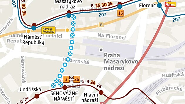 Oprava tramvajov trati v Dldn a Havlkov ulici ovlivn dopravu v centru a severovchodn sti Prahy (24. dubna 2024)