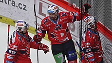 Pardubití hokejisté se radují z trefy Jana Mandáta ve finále extraligy.