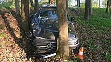 Auto zstalo zaklínné mezi stromy.