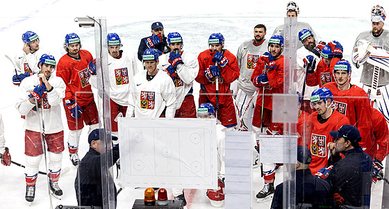 Hokejisté dostávají taktické pokyny od trenéra Radima Rulíka.