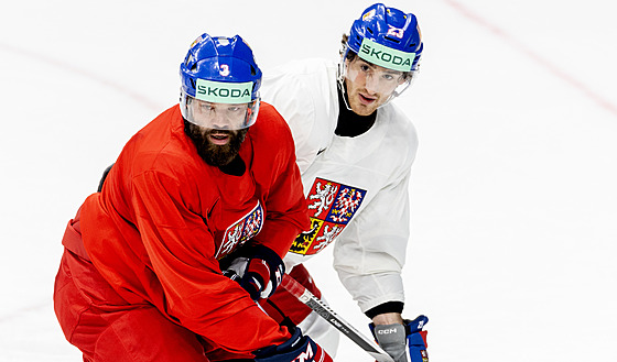 Radko Gudas (vlevo) bruslí na tréninku vedle úto�níka Luká�e Sedláka.