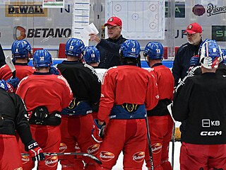 Trenér Radim Rulík vede trénink eské hokejové reprezentace v Brn.