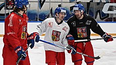 etí hokejisté (zleva) David Tomáek, Jakub Flek a Jan otka na tréninku...