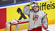 Branká Luká Dostál na tréninku eské hokejové reprezentace.