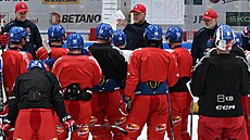 Trenér Radim Rulík vede trénink eské hokejové reprezentace v Brn.
