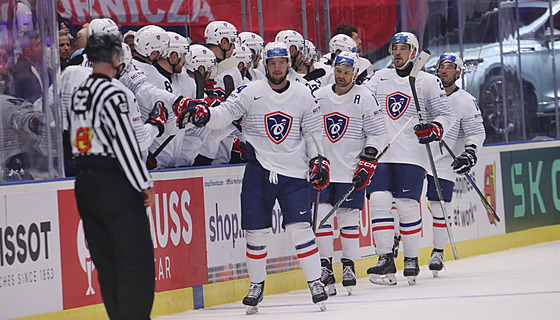 Hokejisté Francie se radují z gólu v utkání s Polskem.