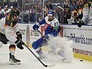 Slovenský útoník Marek Hrivík nahazuje kotou do útoného pásma bhem zápasu s...