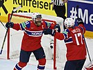 Nortí hokejisté Patrick Thoresen a Eirik Salsten slaví tetí gól proti esku...