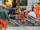 Zatek rekonstruknch prac na tramvajov trati v centru Plzn, na mst...