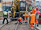 Zatek rekonstruknch prac na tramvajov trati v centru Plzn, na mst...