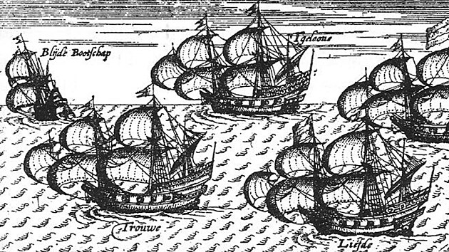 Pvodn flotila, kter vyplula z Nizozemska v roce 1598, tala pt lod. Liefde v poped vpravo.
