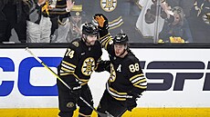 Jake DeBrusk (vlevo) a Davod Pastr�ák oslavují gól Bostonu.