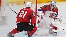 �výcarský úto�ník Kevin Fiala brzdí p�ed �eským branká�em Luká�em Dostálem na...