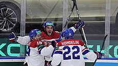 Jakub Flek, Ond�ej Beránek a Jáchym Kondelík slaví �eský vyrovnávací gól v...