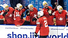 Kevin Fiala oslavuje se �výcarskou st�ída�kou gól proti �esku.