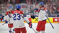 Luká� Sedlák a Mat�j Stránský se radují z gólu proti �výcar�m.