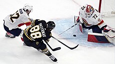 David Pastrák z Bostonu v anci ped brankáem Sergejem Bobrovským z Floridy....