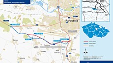 Trasa jihozápadního obchvatu Pardubic. Pvodní ervenou variantu jihozápadního...