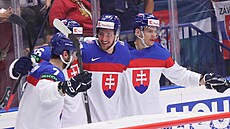 Radost slovenských hokejist� po gólu v utkání s Loty�skem.